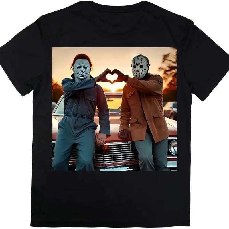 Women's 90s Vintage Heart Hands Michael and Jason Halloween Casual Round Neck T-Shirt, Classic T-Shirt Shape Top, Easy to Layer, Classic T-Shirt Shape, Easy To Layer, Vintage Halloween Women's T-Shirts