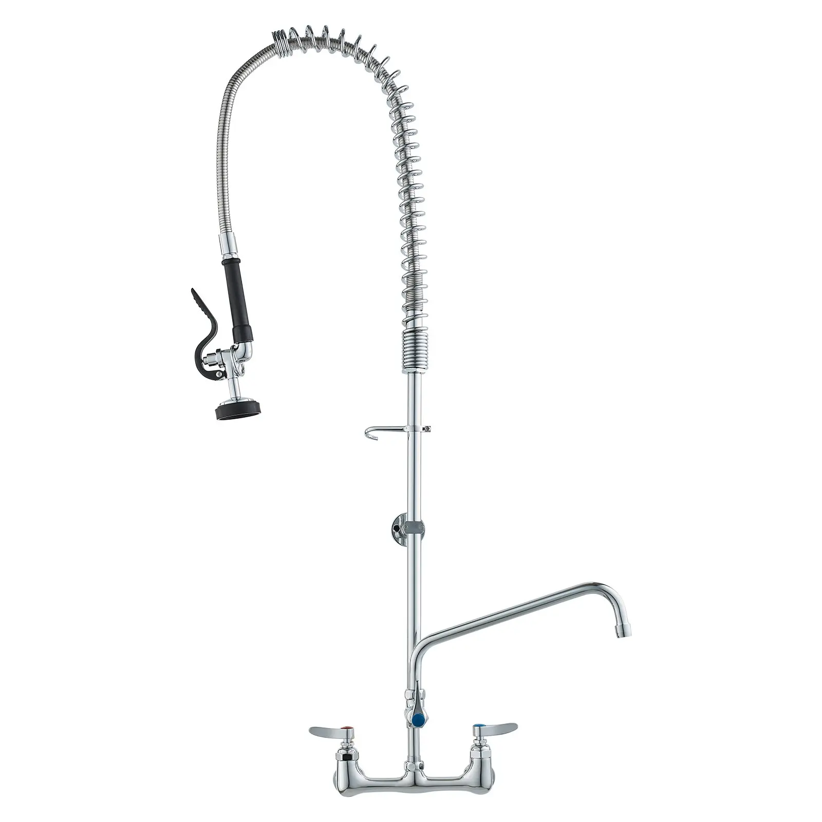 Industrial Sink Faucet, 44" Tall, 8" Apart, 12" Rotating Spout, Wall Mounted, Brass Made with Extendable Sprayer, Fits Single/Triple Sinks