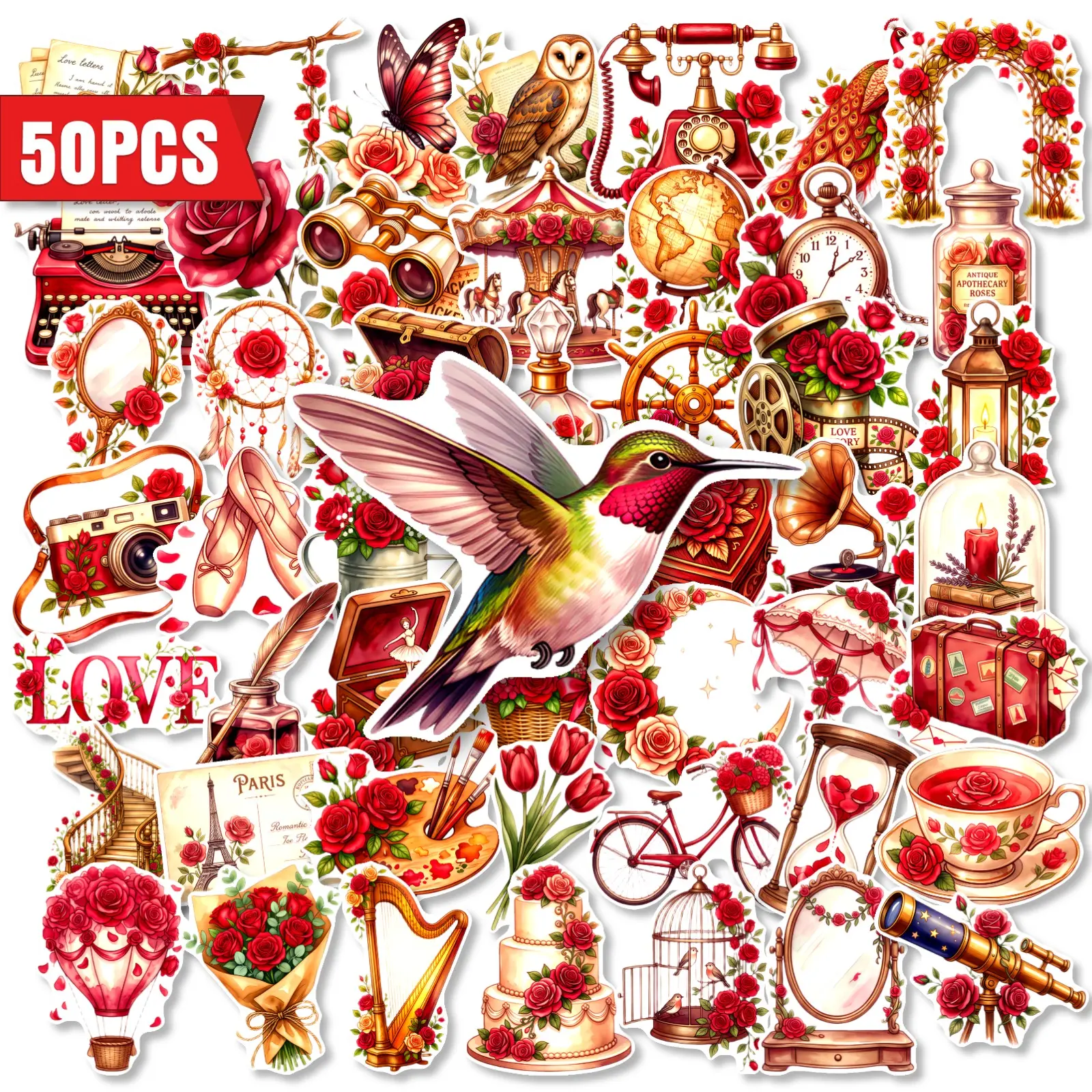 50pcs Vintage Rose Gardening Stickers, Suitable for Office Use, Laptops, Water Bottles, Notebooks, and Journals. A High-value, Positive-energy Gift.