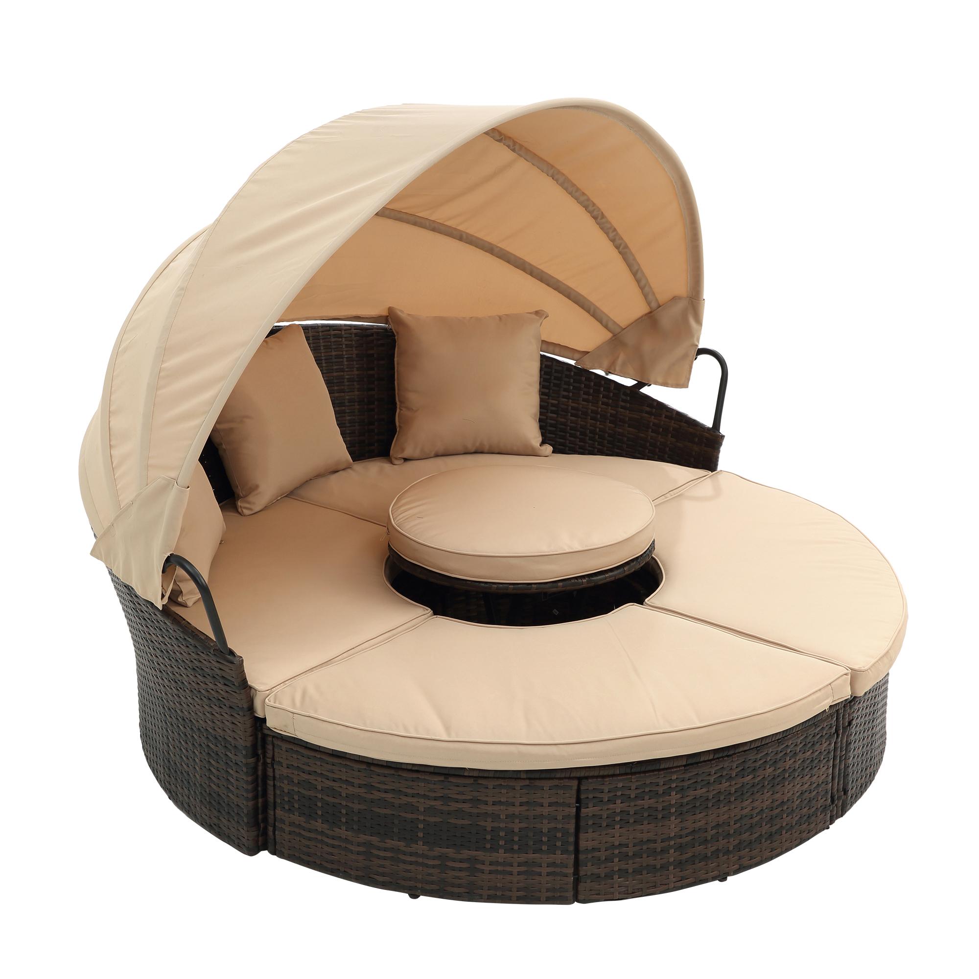 ARCH Hot Sale KD Rattan Round Lounge With Canopy Bali Canopy Bed Outdoor, Wicker Outdoor Sofa Bed with lift coffee table ARCH Hot Sale KD Rattan Round Lounge With Canopy Bali Canopy Bed Outdoor, Wicker Outdoor Sofa Bed with lift coffee table