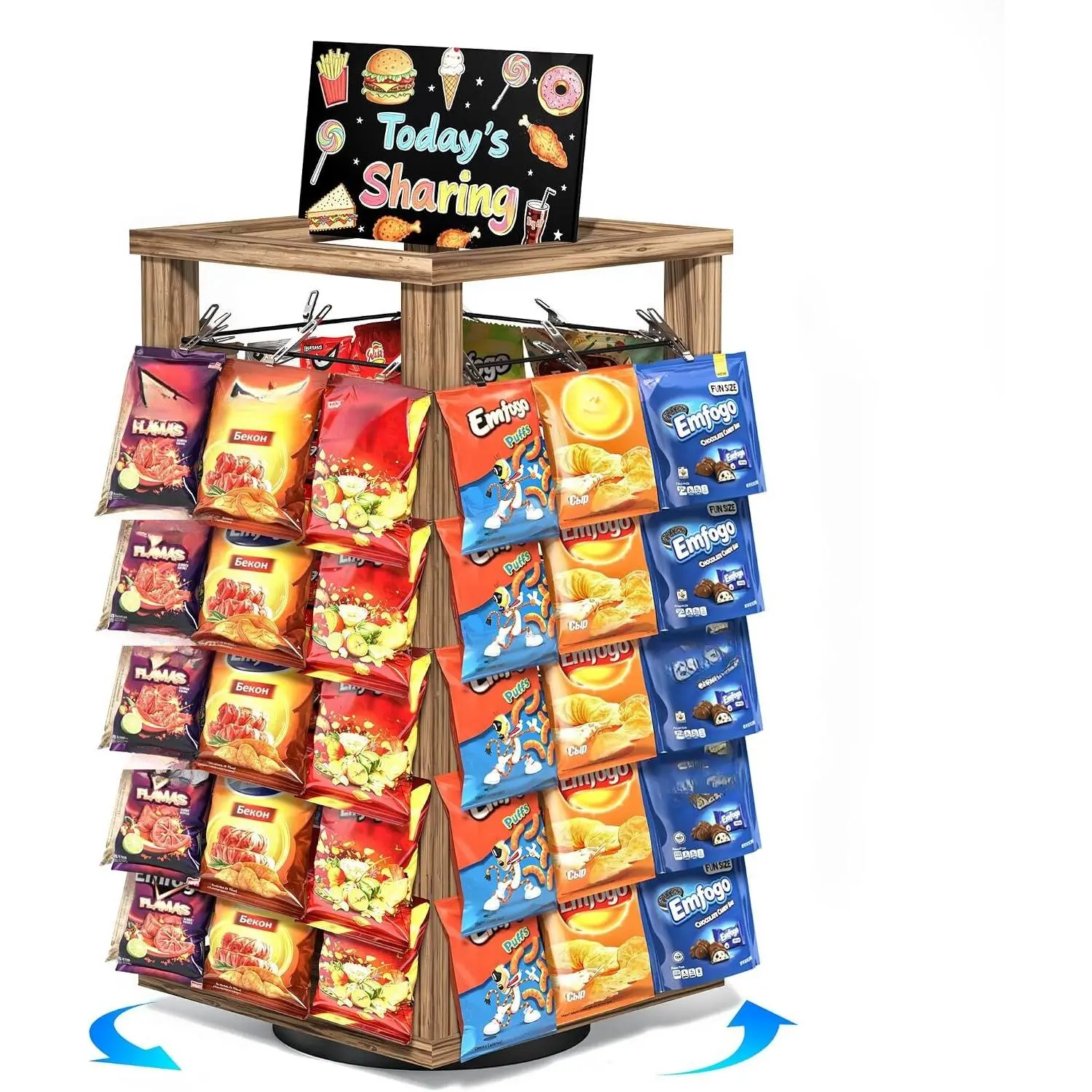 Chip Rack Display Stand, 5-Tier Snack Rack with 50 Movable Clips | 360°Rotating Wooden Frame, Snack Organizer for Countertop, Office, Concession Stand and Party, with Message Board
