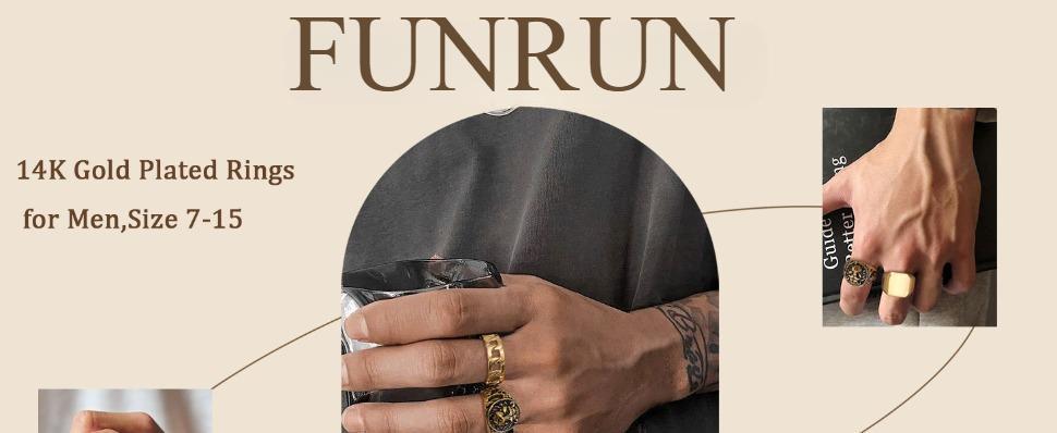 FUNRUN 3Pcs 14K Gold Plated Rings for Men Women Chunky Cuban Link Ring Size 7-15