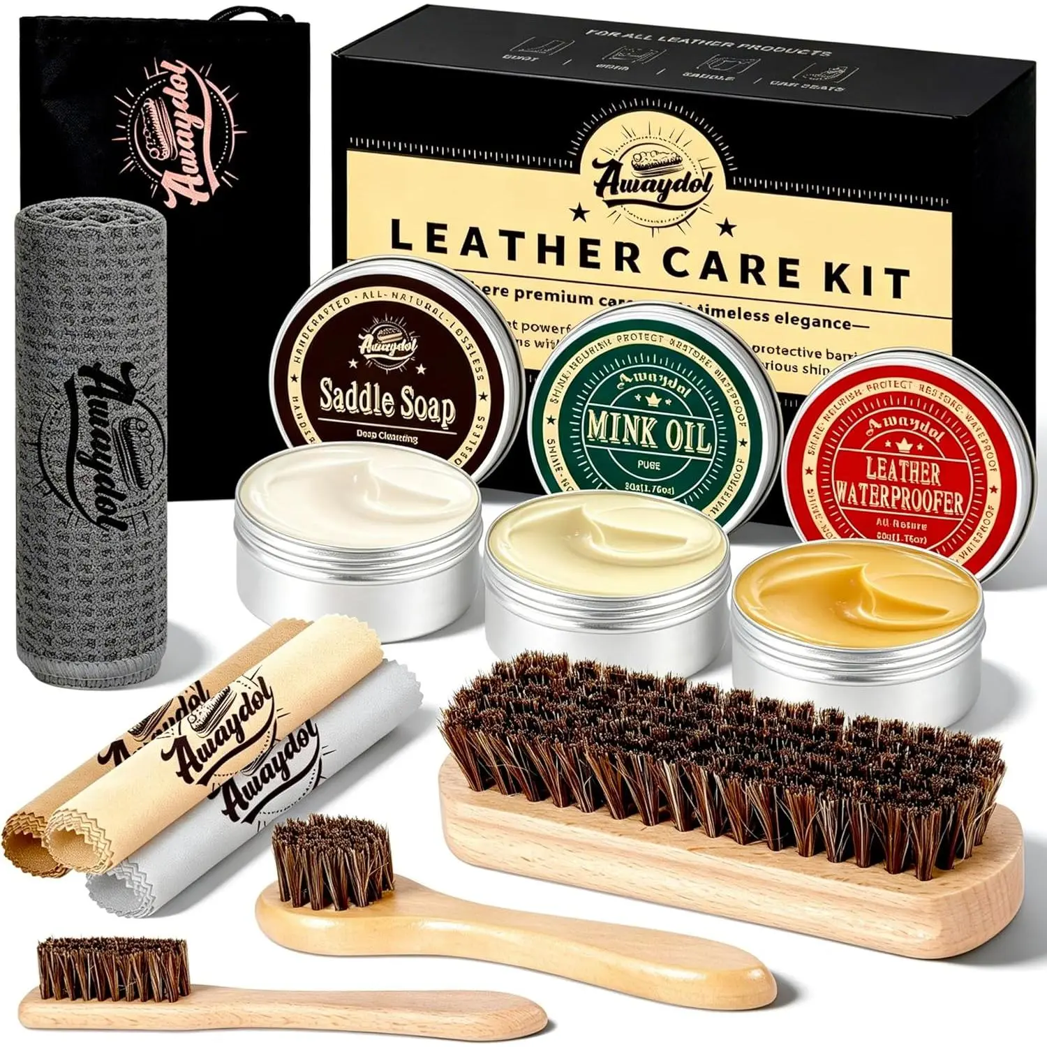 10 PCS Leather Care Kit - Horsehair Brushes,Saddle Soap,Waterproofing Wax,Mink Oil Conditioner,Polishing Cloth,Microfiber cloth,Boot Shoe Shine Cleaning Kit Gift for Men Cowboy Husband Dad﻿