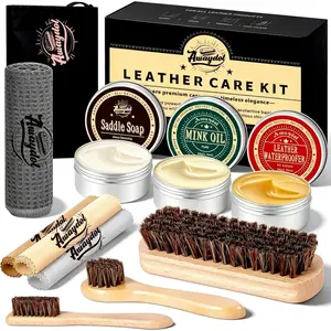 10 PCS Leather Care Kit - Horsehair Brushes,Saddle Soap,Waterproofing Wax,Mink Oil Conditioner,Polishing Cloth,Microfiber cloth,Boot Shoe Shine Cleaning Kit Gift for Men Cowboy Husband Dad﻿