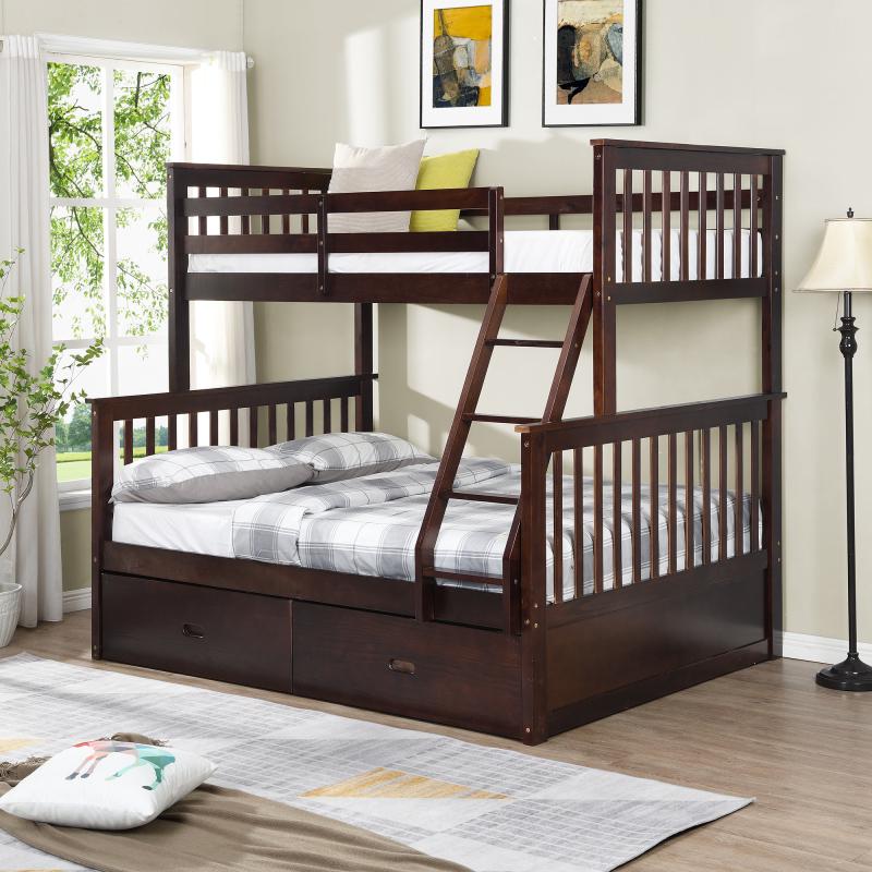 Twin Over Full Bunk Bed with Storage Drawers, Wooden Bunk Bed with Ladder and Safety Guard Rails,One bed for multiple purposes: it is a family bed, storage cabinet, and even a gaming paradise