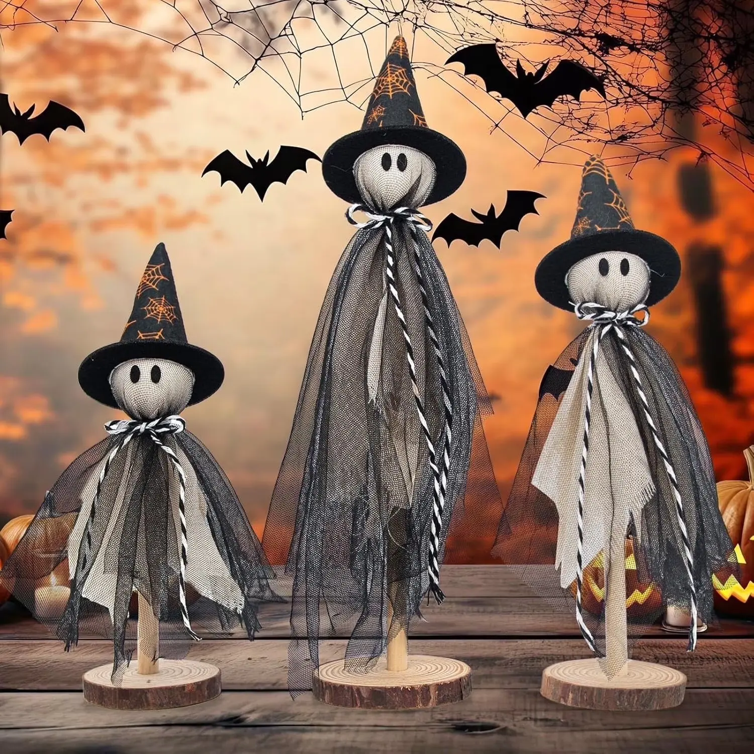 Halloween Ghost Decor Set – 3 Piece Spooky Wooden Halloween Ornaments with Witch Hat, Fabric Ghost Dolls, Spider Web Design