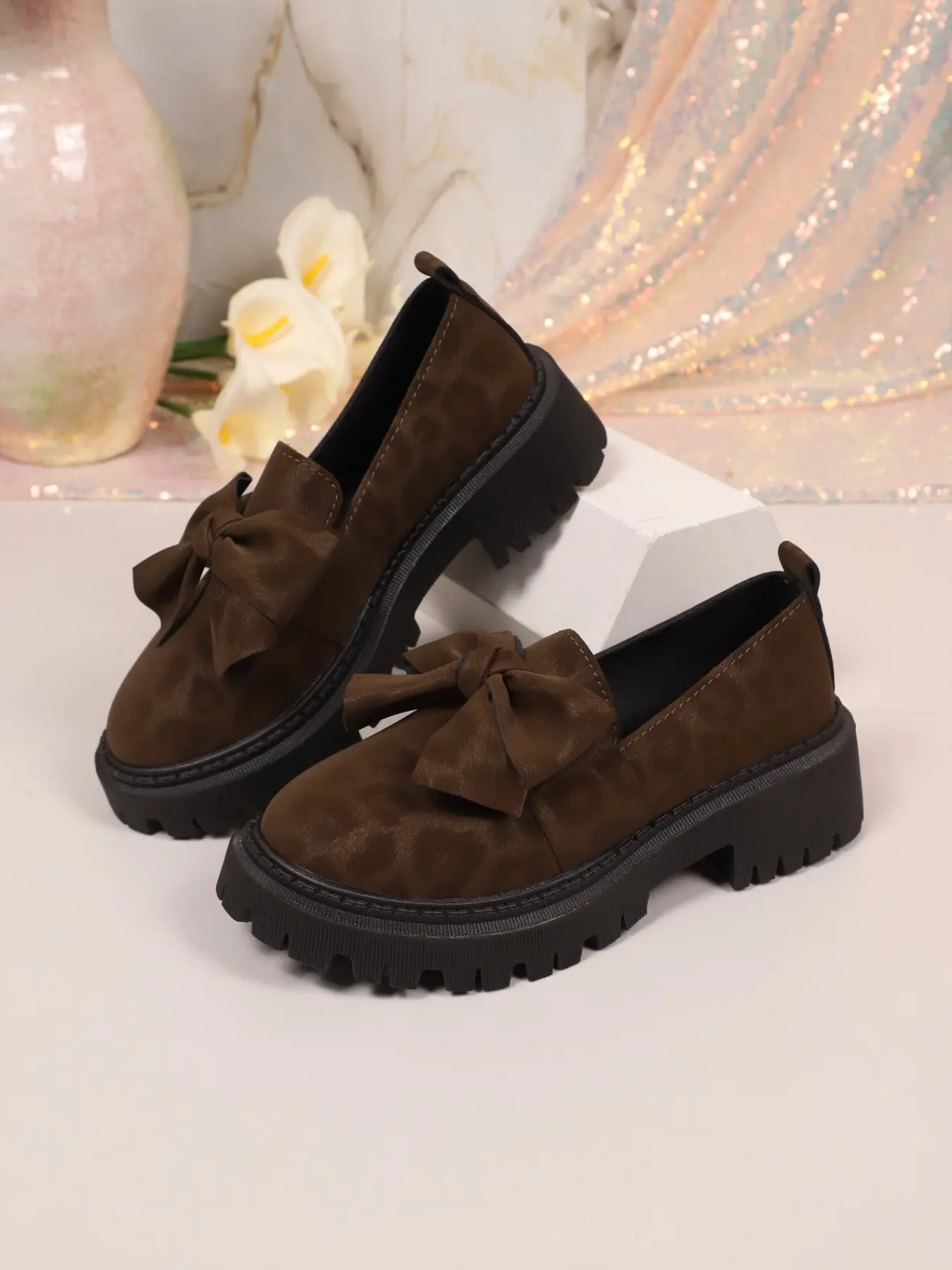 Women's Bow Leopard Print Thick Sole Loafers, Anti-Slip Heel, Casual Suede Shoes, Perfect for Shopping and Parties, Plus Size Available