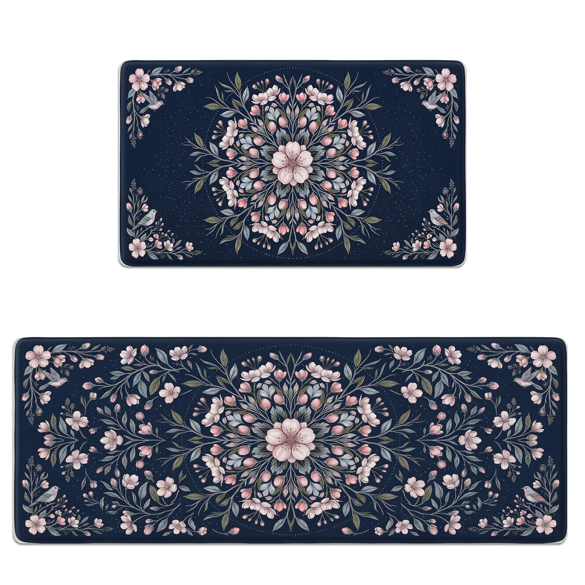 Kitchen Mat Set Anti-Fatigue Cushioned Memory Foam, Non-Slip, Scratch-Resistant & Waterproof Navy Blue Floral Mandala Kitchen Rug