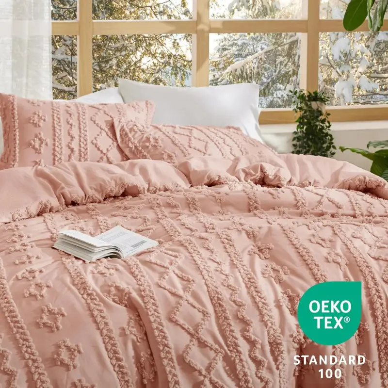Tufted Boho Comforter King Size - Pink Boho Comforter, 3 Farmhouse Embroidery, Gifts for Woman, Jacquard Comforter for Seasons lux decor fashionable bedding set feelyou 7-piece microfiber bedding durable bedroom pajabear lightweight rustic quilt