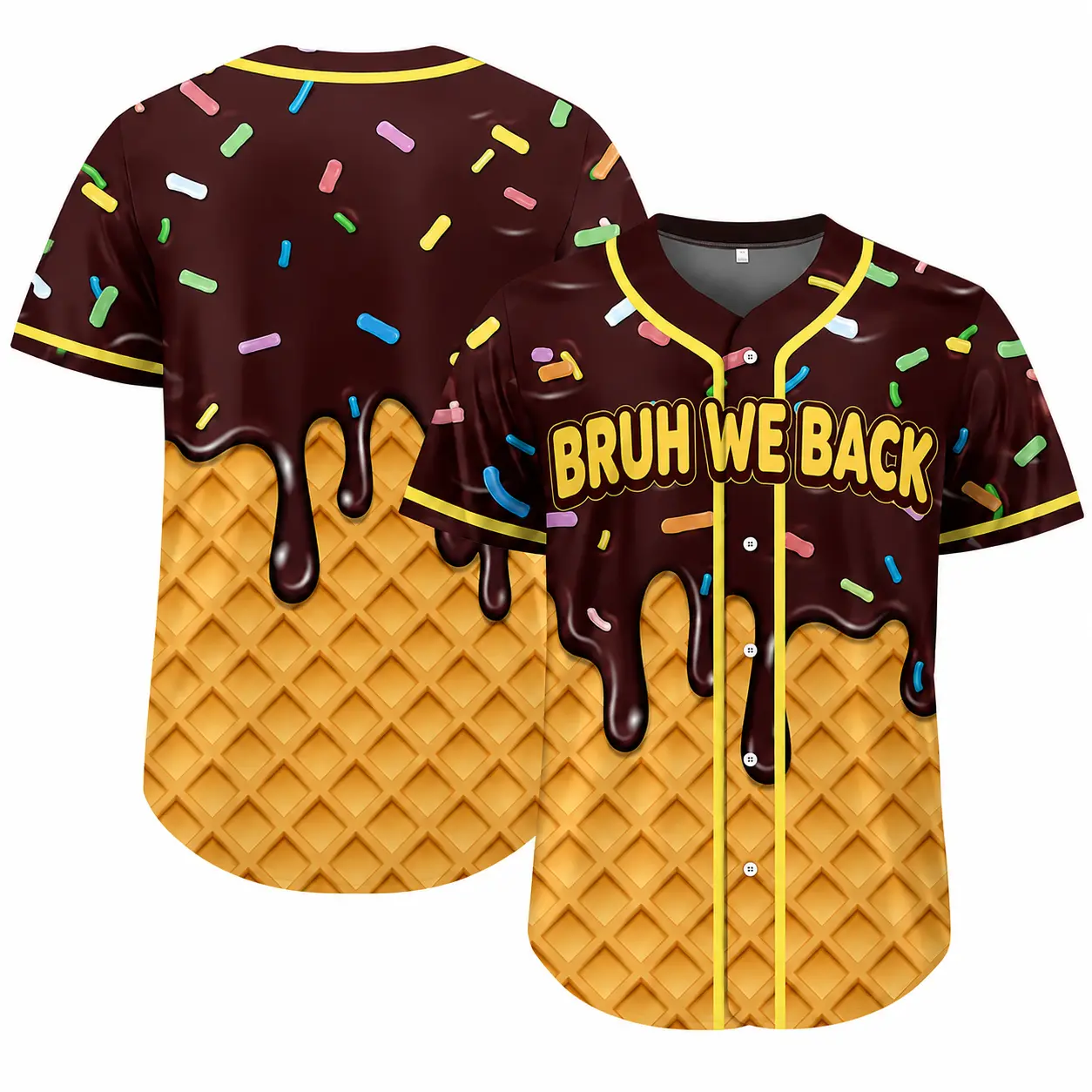 BRUH WE BACK Melting Ice Cream Waffle Print Baseball Jersey, Lightweight Cozy Loose Top Perfect for First Day Back To School, Party Streetwear Youth Teens & Adults