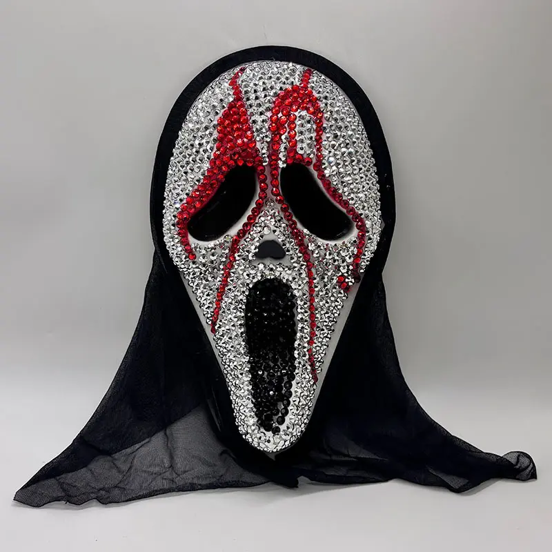 Bling Crystal Rhinestone Scream Ghost Face Mask, Halloween Horror Cosplay Mask with Black Mesh Hood, Scary Ghost Costume Accessory, Spooky Party Props