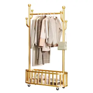 Heavy Duty Metal Entryway Coat Rack – Freestanding Clothes Rail with Wheels – Storage Basket, 4 Hooks & Bottom Shelf – Portable Wardrobe Organizer for Bedroom, Closet, Laundry, Office