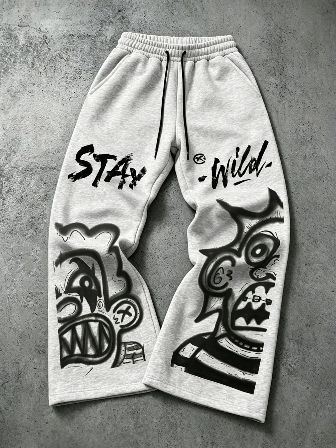 Men Women Grunge Streetwear Graphic Sweatpants, Black Wide Leg Loose Fit Trousers With White Abstract Monster Graffiti & Handwritten Slogan Print, Hip‑Hop Casual Pants For Daily Wear Going‑Out Street Style Skate Outfits