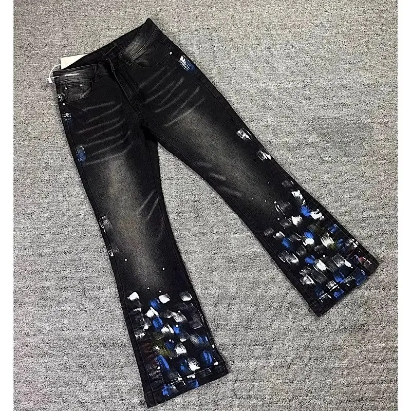 Men's High Cotton Vintage Black Wash Stacked Flare Jeans, Blue White Paint Splatter Print Slim Fit Distressed Denim Pants for Hip Hop Streetwear Casual Wear