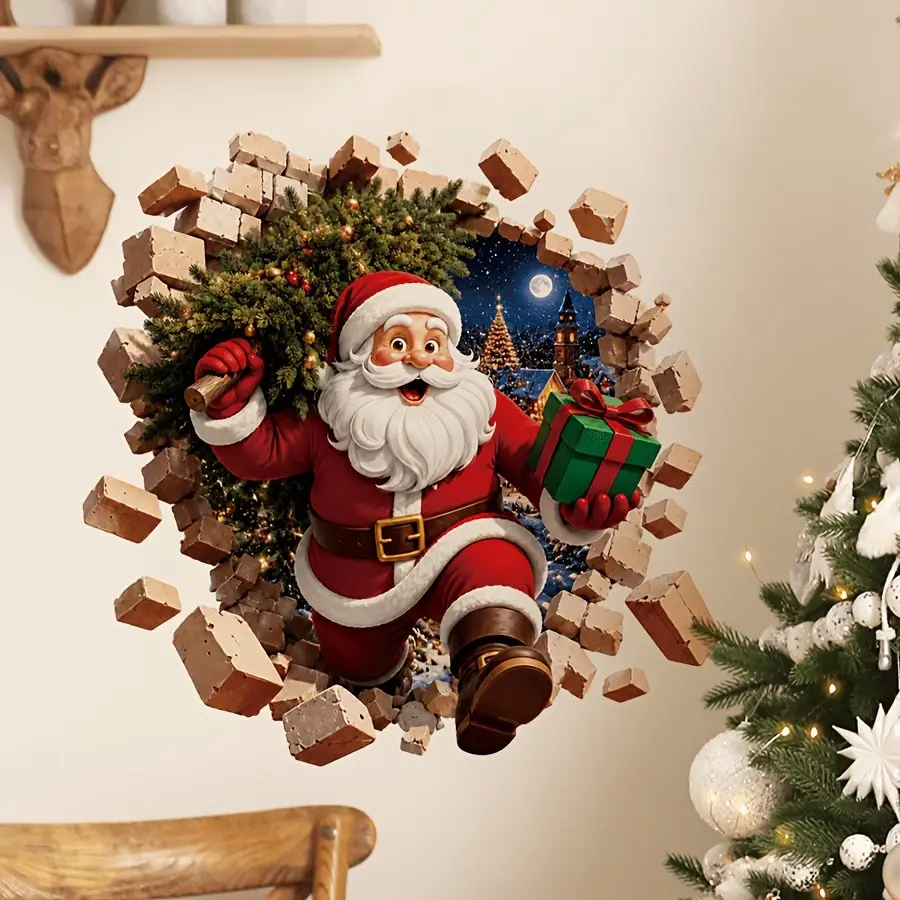 11.81 X 11.81 Inch Christmas Wall Sticker, Santa Claus with Tree and Gift Box, Self-Adhesive PVC, Easy Install, Festive Decor for Living Room