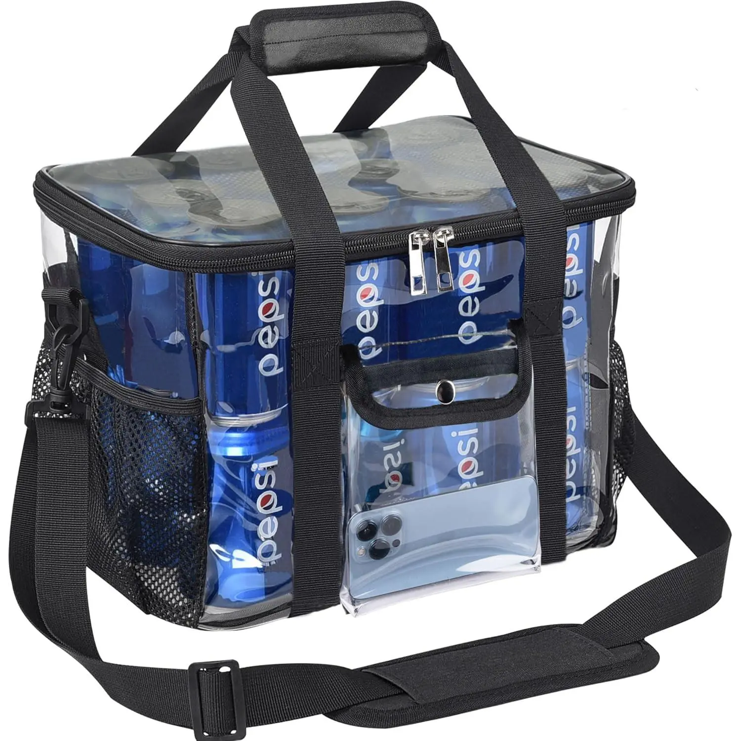 Transparent lunch bag, suitable for work use, can hold 24 cans of food, complies with stadium regulations, features adjustable shoulder strap and front pocket, unisex (12"x 9" x 9")