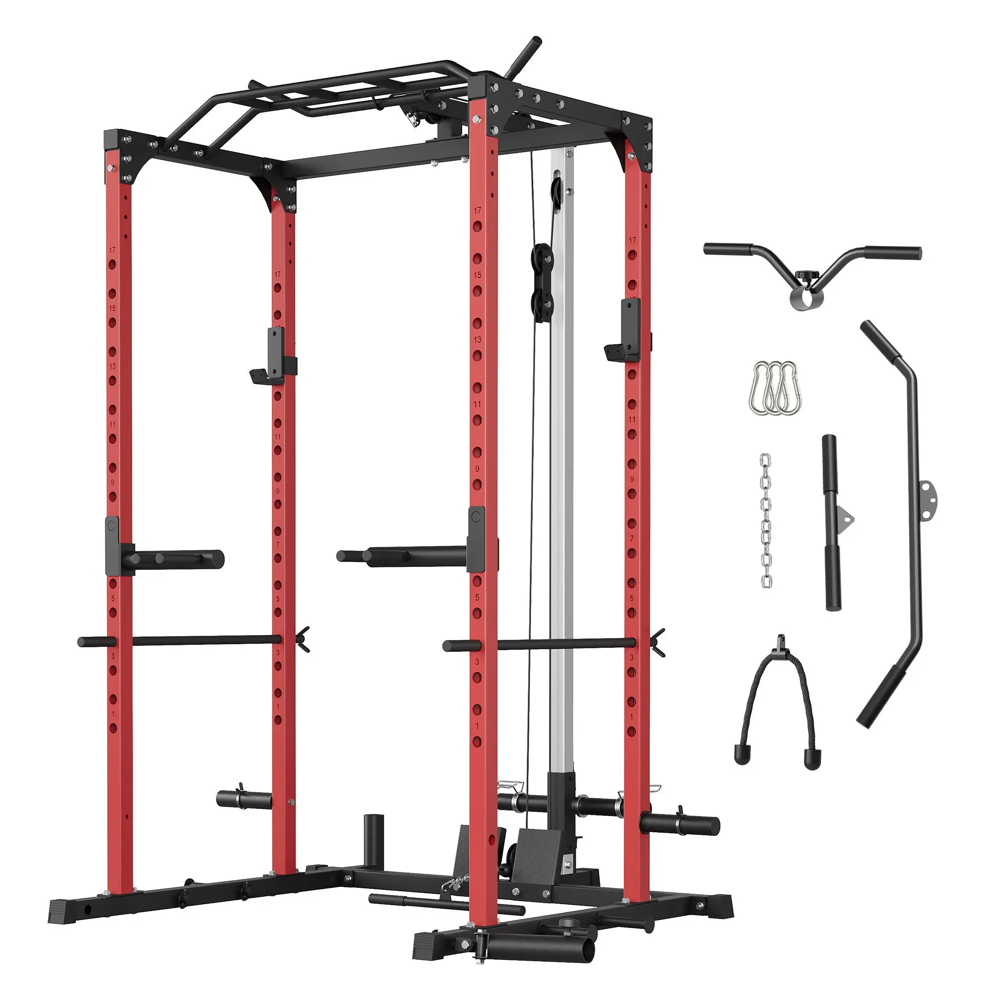 All-in-One Power Cage with LAT Pulldown System, 1200LBS Heavy Duty Squat Rack with Pulley Station, Multi-Functional Home Gym Equipment for Full Body Workout, Includes 20+ Accessories & J-Hooks, Space-Saving Fitness Station