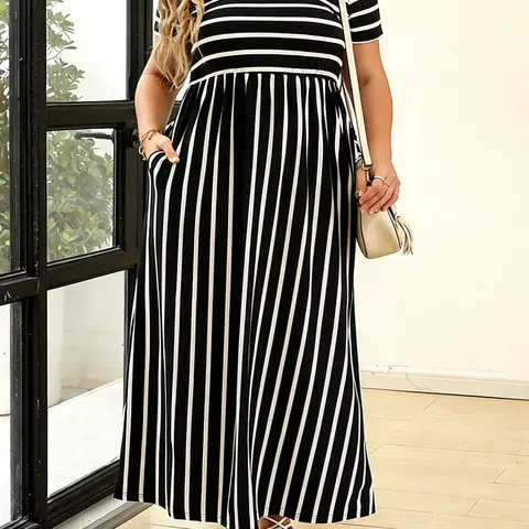 Plus Size Striped Print Pocket Round Neck A Line Dress, Summer Clothes for Women, Women's Short Sleeve High Waist Long Dress, French Style Women's Clothes for Daily Wear, Casual Dresses, Beach Summer Dress, Beach Travel Dress