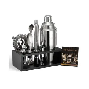 VEVOR Cocktail Shaker Set, 13-Piece Stainless Steel Bar Tools with Bamboo Stand, Martini Bartender Kit Accessories |   Mixer Spoon, Muddler, Jigger, Strainer, Liquor Pourers, Ice Tong, Corkscrew, Silver