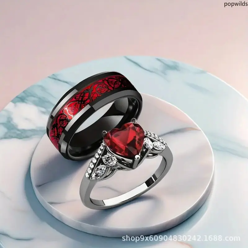 Stainless Steel & Alloy Metal Couple Ring Set (Set Includes 2) - Inlaid Ruby Accent Heart-Cut Gemstone Ring, Plain Band, Promise Symbolism Jewelry for Holiday Gifts