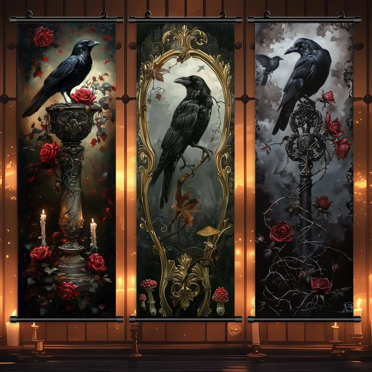 Wall Hanging Banner, 3 Counts/set Scary Crow Pattern Wall Decorative Scroll Painting, Creative Festive Decorations, Wall Hanging Backdrop