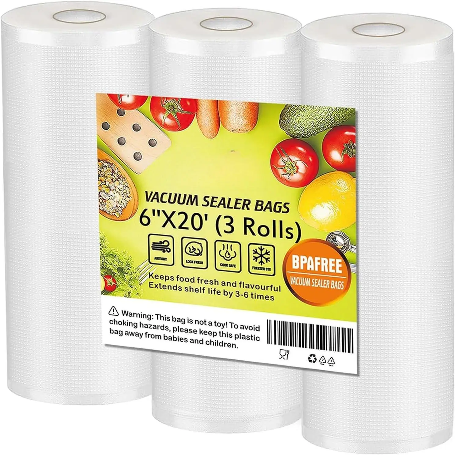Commercial Grade Vacuum Sealer Rolls - 6" x 20', 3 Rolls Synthetic Single-Side Suction Embossed Bags for Food Storage, Cooking, Freezer Use