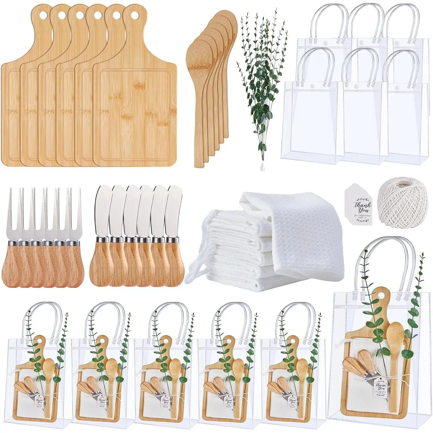 Baby Shower Prizes for Game Winners 6 Sets Bamboo Cheese Board Spoon Fork Butter Spreaders Plaid Towel Thank You Card and Gift Bags for Baby Shower Wedding Bridal Shower Favors