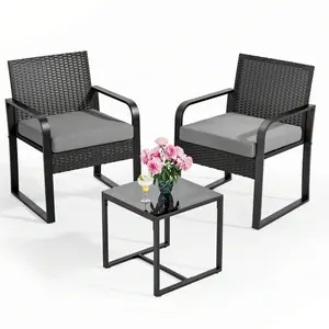 3 Pieces Patio Bistro Set,  Wicker Outdoor Patio Furniture Set, Rattan Conversation Patio Chairs With Glass Table, Furniture Set With Cushion For Balcony, Front Porch, Garden, Poolside