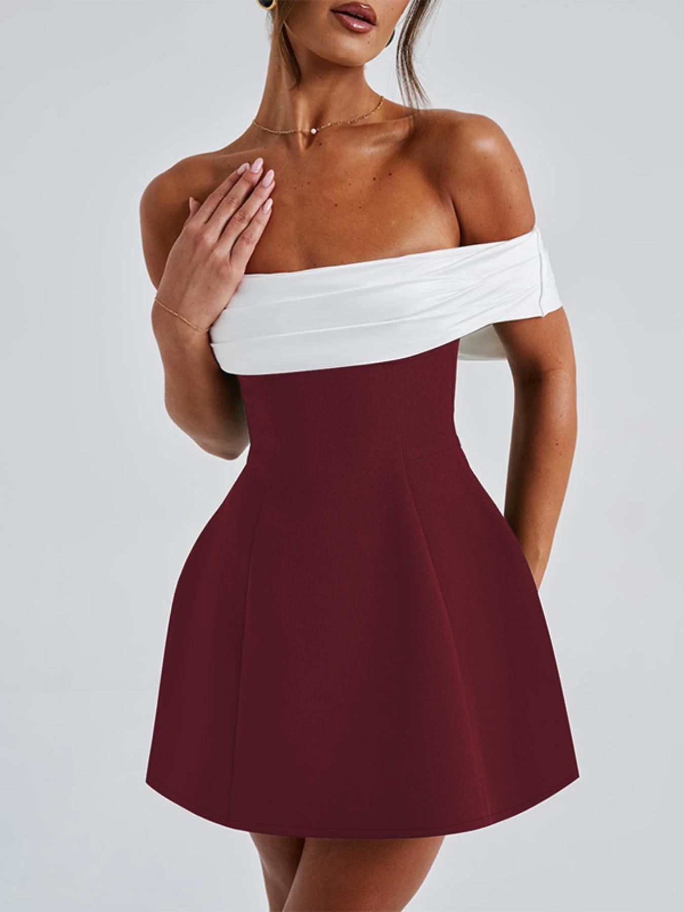 One Shoulder Colorblock Formal Party Dress, Backless Slim-Fitting Short Dress, Chic Elegant Christmas & Holiday Wear, Fall & Winter Fashion