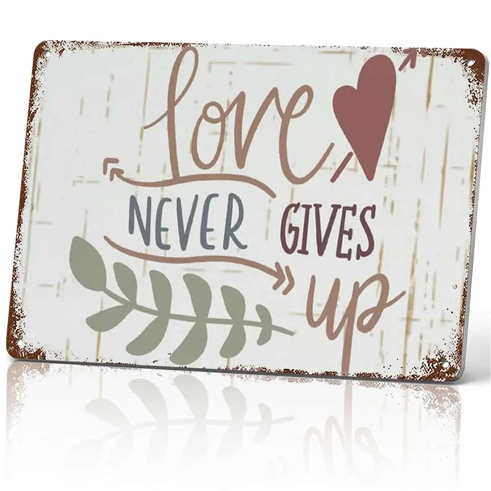 Aluminium Floral Hanging Heart Leaf Metal Sign, 12x8 in, Inspirational Love Quote Wall Art, Retro Distressed White Farmhouse Decor, Bedroom Wedding Gift Home Decor Plaque