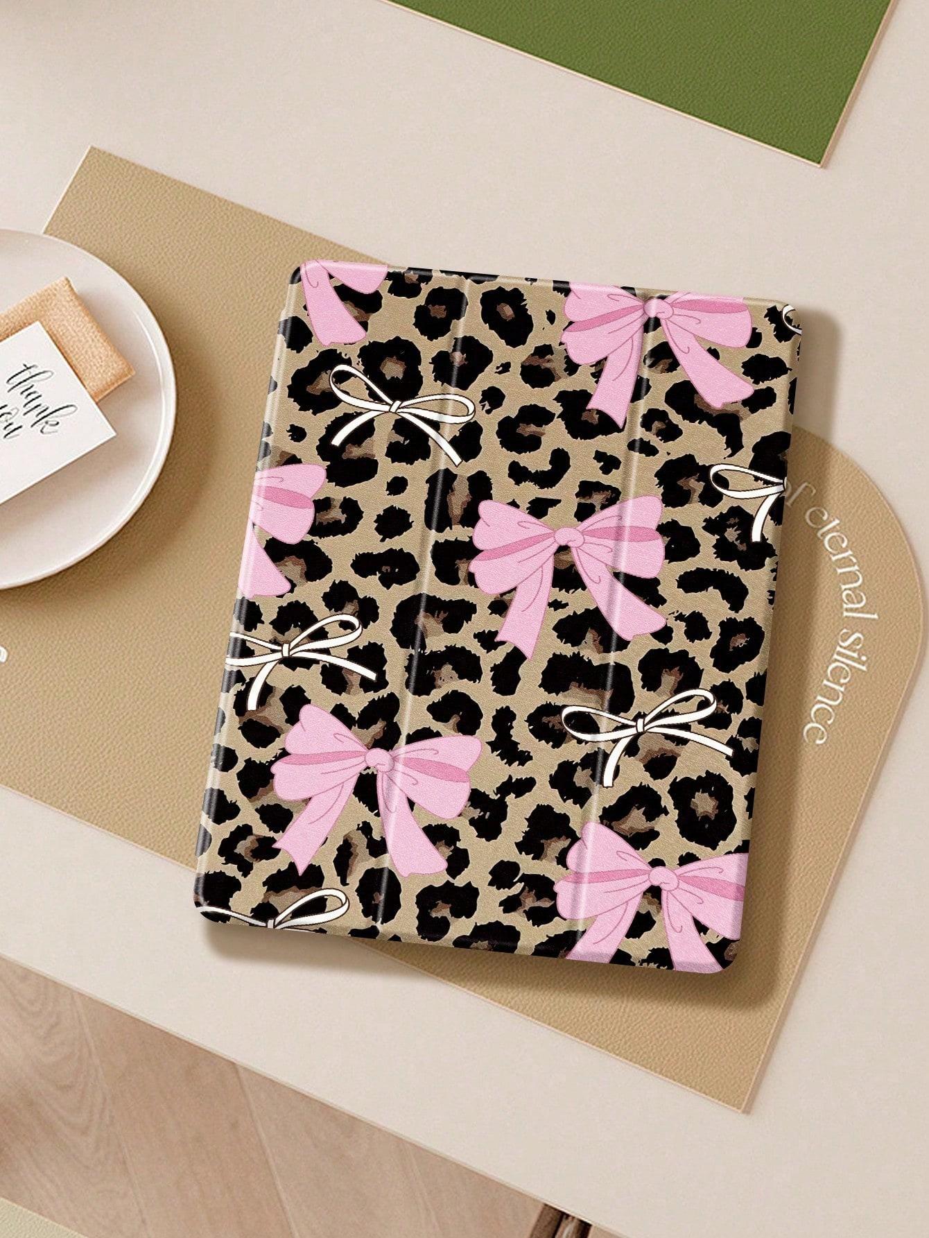 Leopard Bow IPad tablet Case, Compatible with Ipad 10th gen,ipad Mini 4/5/6/7, 2024 air 11inch, 11th 2025, 2019/2020/2021 10.2inch, air 5/6/7, and Samsung A7/A8/A9/S7/S8/S9, Automatic Wake Up/Sleep/built-in Pen Slot, Three-fold Protective Tablet Case