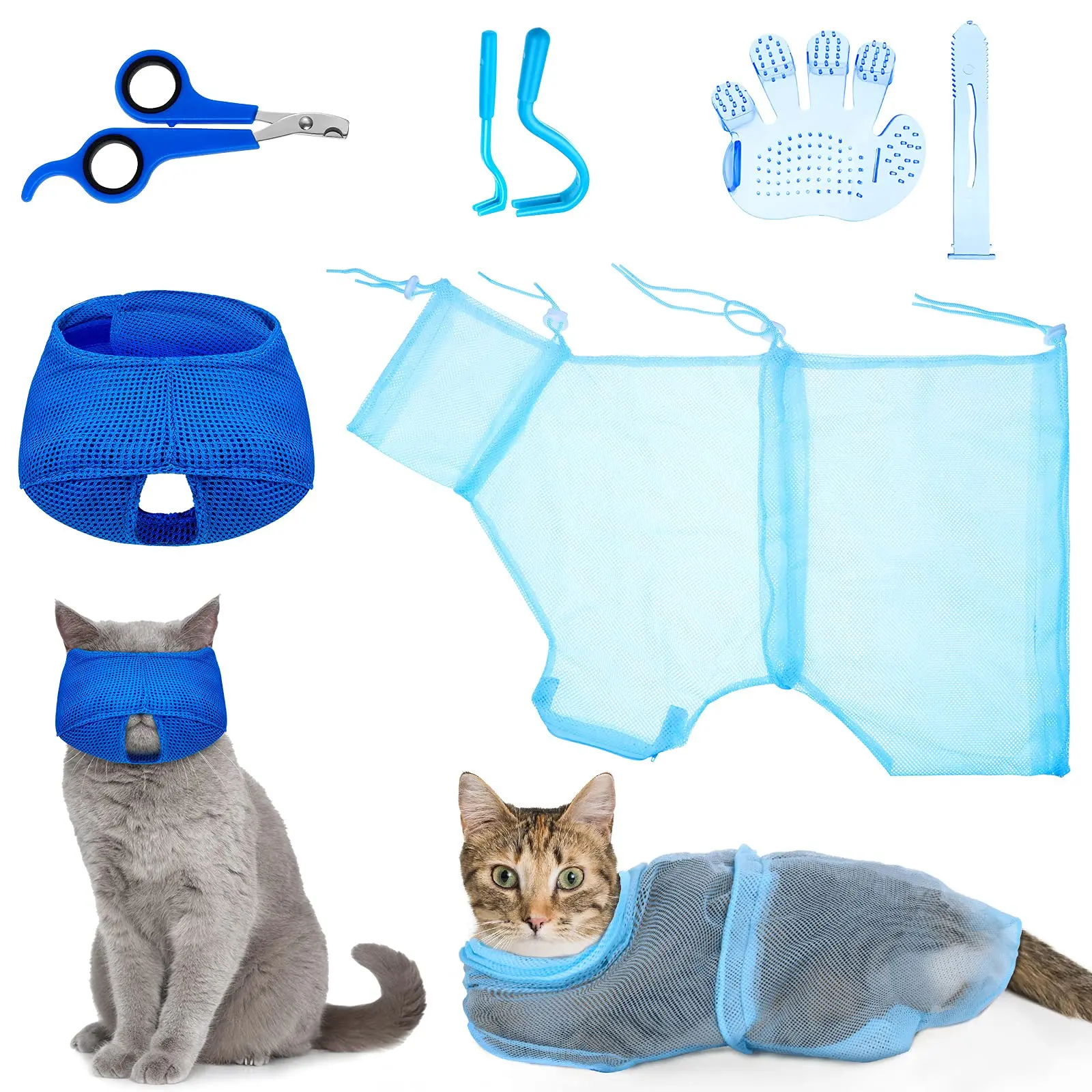 5-piece cat and dog bathing and grooming bag, pet cleaning and grooming set, cat muzzle grooming tool, adjustable cat and dog grooming bag, pet nail clipper, pet flea removal tool and massage brush.