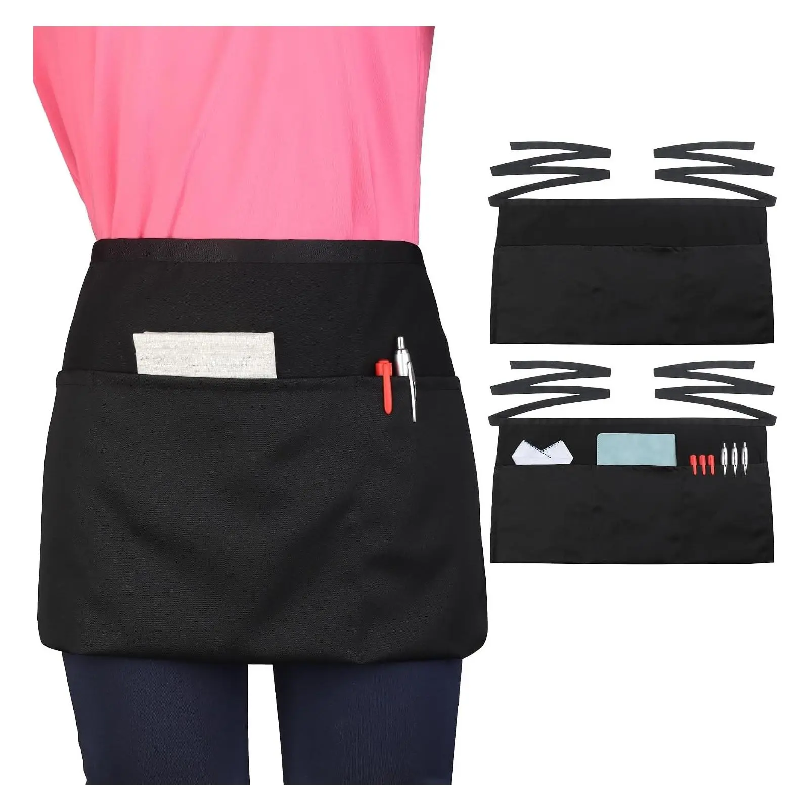 Black Half Waist Apron with 3 Pockets for Waiters, Waitresses & ServersGift