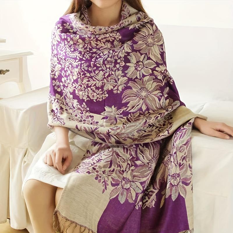 Ring  necklace  watch  scarf 1pc, Autumn Winter Women's Scarves, Double Sided Printed Tassel Scarves, Ethnic Style Jacquard Weave Warm Scarf Shawls, Outdoor Cycling Shopping Windproof Cold-proof Long Scarves, Fashion Shawl Wrap with Fringe,