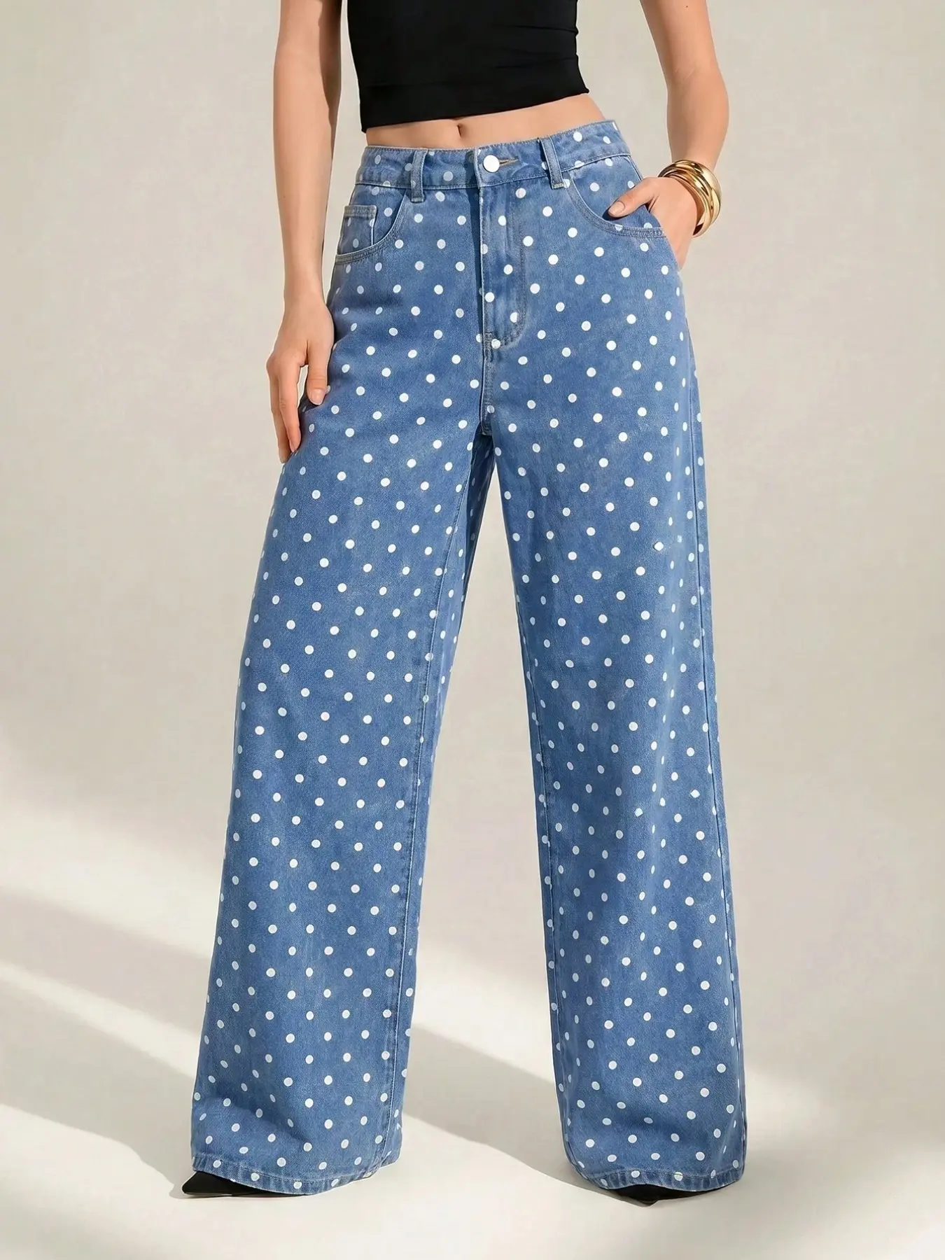 High Waist Polka Dot Print Wide Leg Denim Jeans for Tall Women, Casual Daily Wear, Summer Street Style Pants, Comfortable and Stylish Bottoms