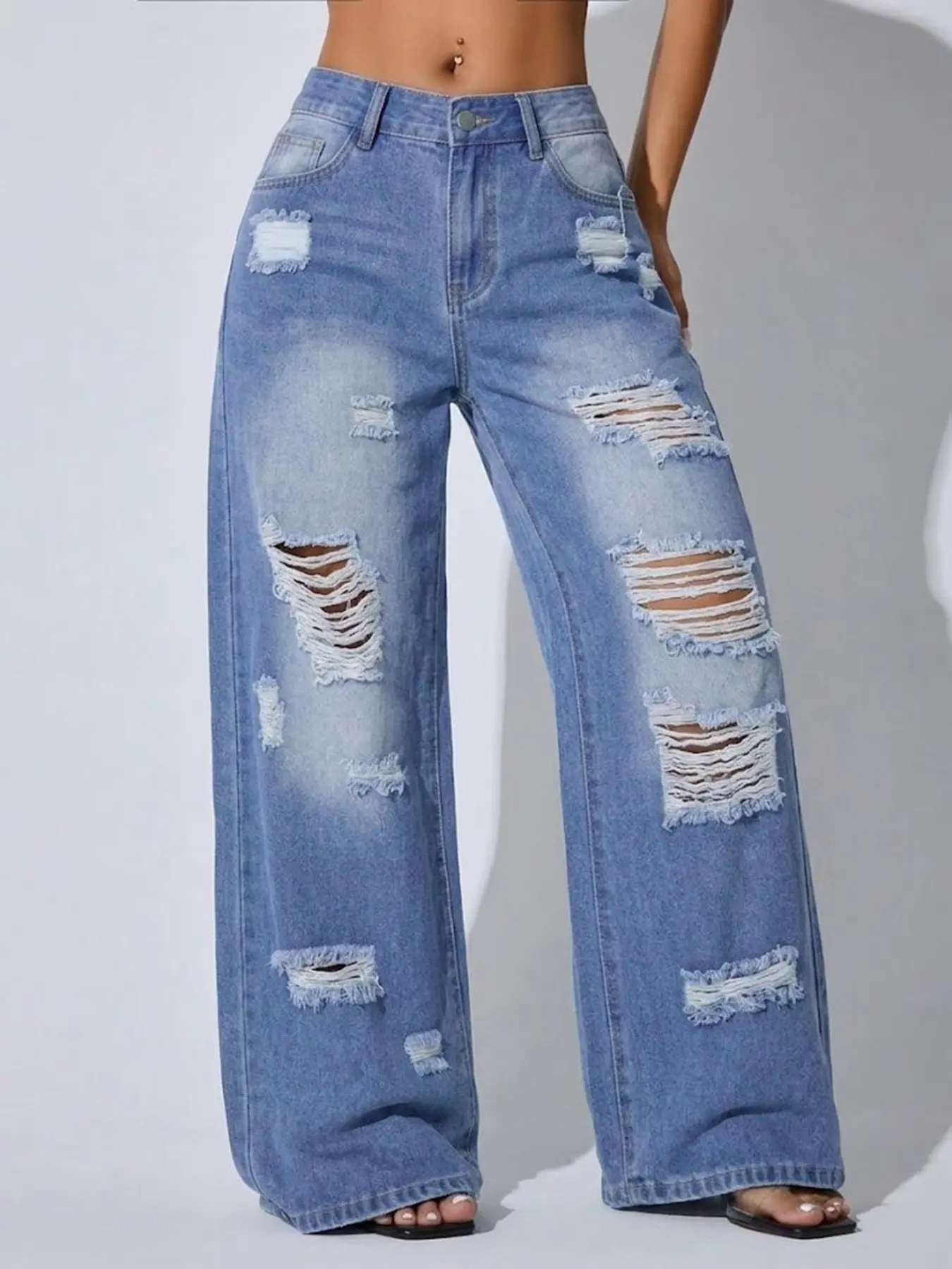 Women Light Wash Ripped Wide Leg Jeans, High Waist Distressed Frayed Hole, Loose Baggy Denim Jeans, Y2K Streetwear Trousers