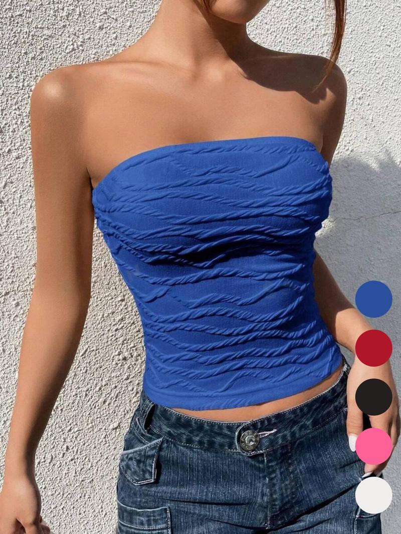 Women's Plain Textured Crop Tube Top, Casual Sleeveless Strapless Top for Summer, Ladies Clothes for Daily Wear