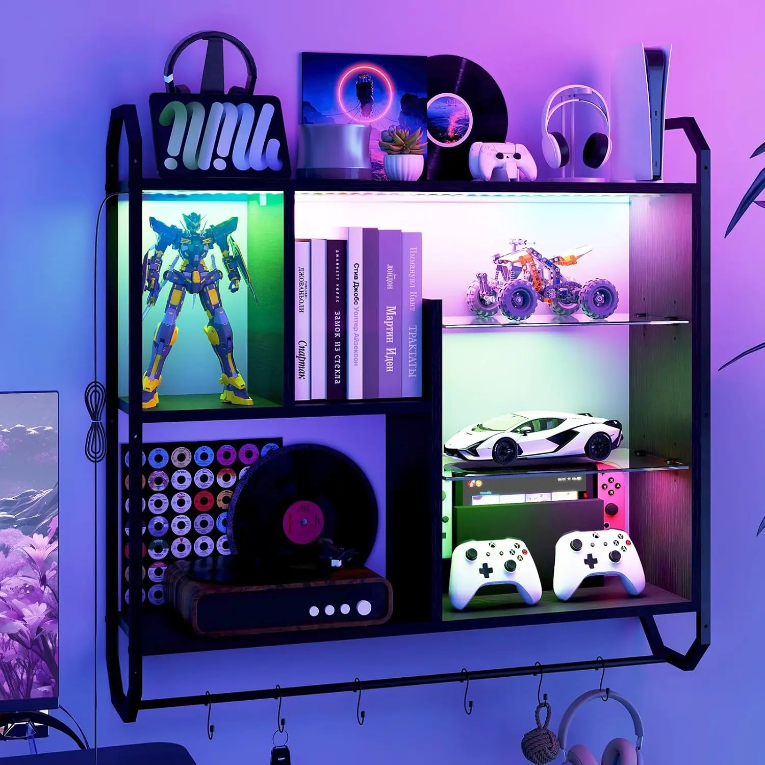 34" Gaming Floating Shelves for Wall, LED Display Rack, Black | 7 Tier, Adjustable Glass Shelf, 358 Modes & USB, 6 S-Hooks,  Display Bookshelf, Gaming Room, Living Room, Coffee Bar