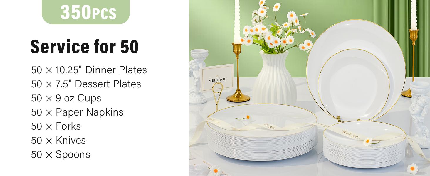 350 Pieces White Gold Plastic Dinnerware Set, Gold Disposable Plates for Party, Graduation, Include 100 White Plates with 150 Plastic Cutlery, 50 Napkins and 50 Cups