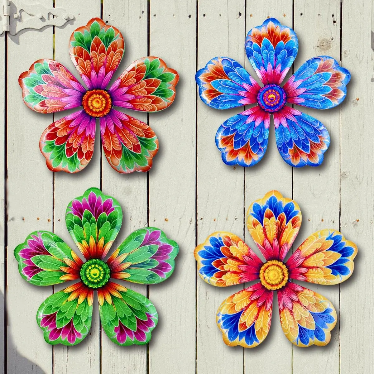 Metal Flowers Wall Decor - 4pcs 6.2'' Metal Wall Art Hanging Decorations for Outdoor Fence Garden Yard Patio Exterior Wall Decor