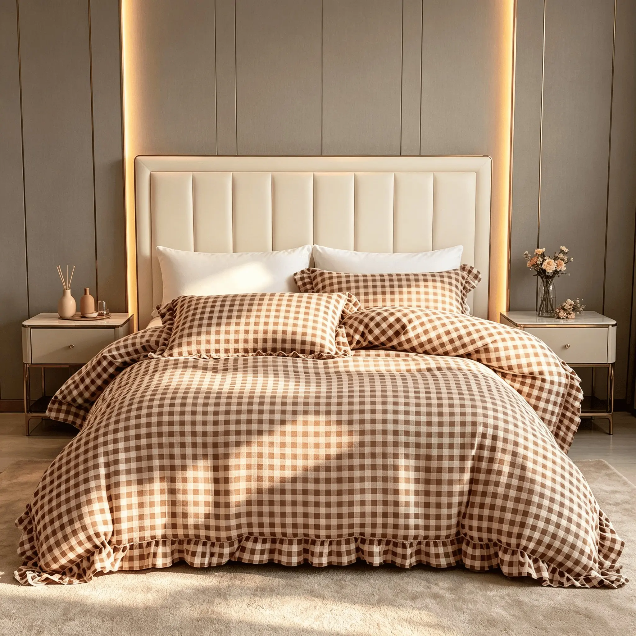 3-Piece Classic Khaki Plaid Checkered Bedding Set with Delicate Lace Edges | 1 Duvet Cover + 2 Pillowcases (Inserts Not Included), Zipper Closure for Easy Removal & Washing, Ultra-Soft Cozy Fabric, All-Season Use