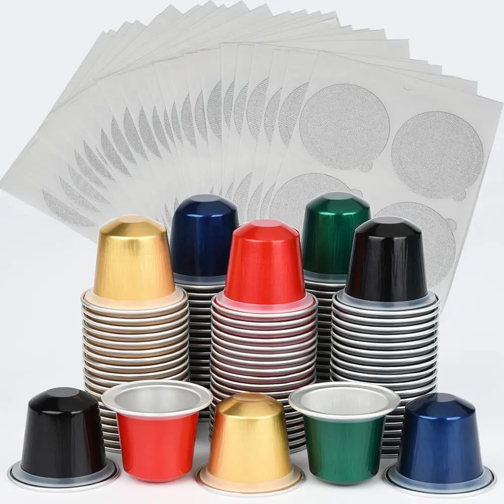 100pcs Disposable Fillable Empty Aluminium Foil Coffee Capsules - Silicon, Airtight Sealing Lids, Compatible with Nespresso Original Machines, Ideal for Travel, Camping