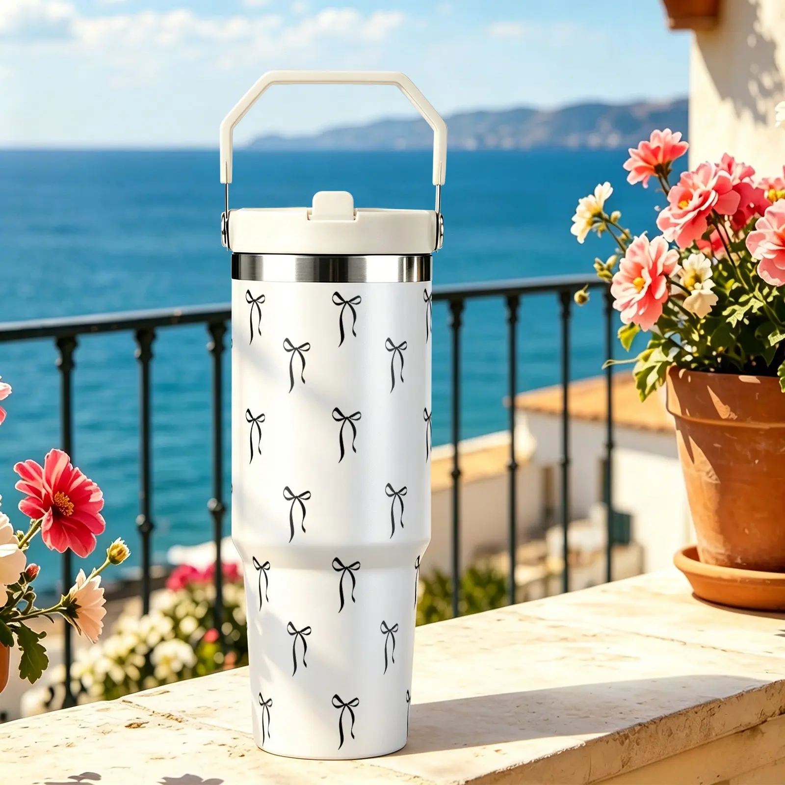 Black Bow Pattern 30oz Vacuum Insulated Travel Tumbler, Coffee Thermos, Insulated Drink Cup, food-grade 304 stainless steel, double wall heat cold retention with handle straw sealed lid, reusable, for iced coffee hot drinks office commuting gym