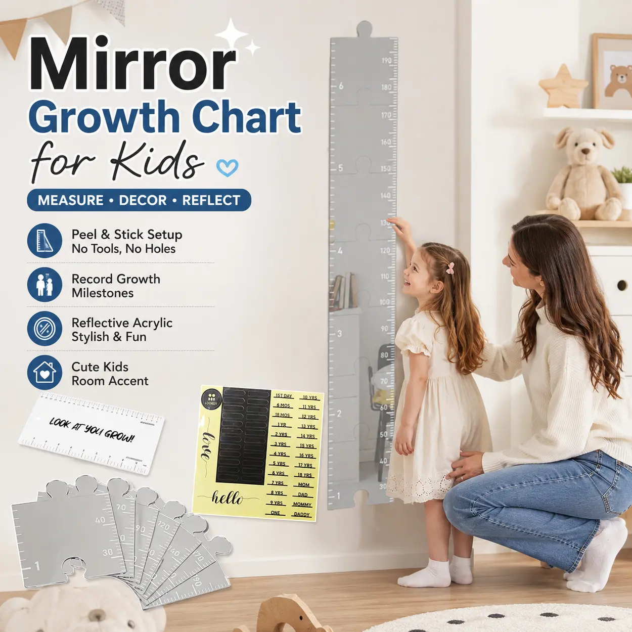 Puzzle Mirror Growth Chart for Kids Acrylic Foldable Height Measuring Ruler Wall Sticker, Reflective Growth Chart Mirror with Milestone Labels, Peel and Stick Bedroom Nursery Wall Decor for Boys Girls, Baby Toddler Height Record Photo Props
