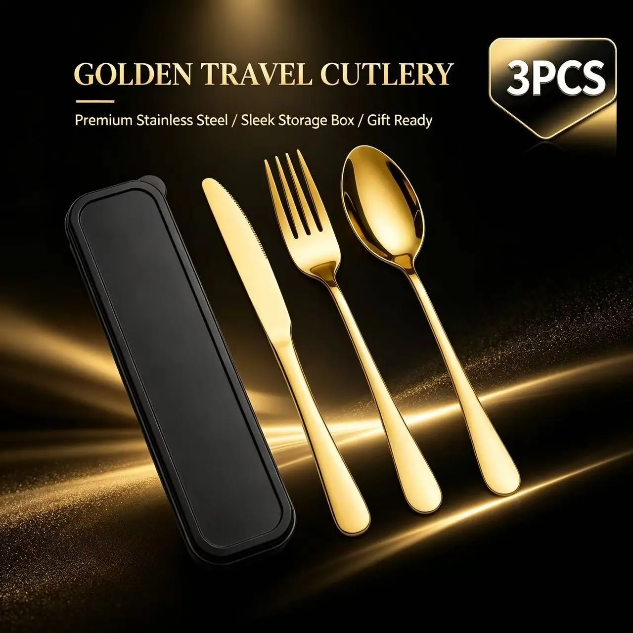 Portable Stainless Steel Cutlery Set 3 Pieces, Knife Fork Spoon with Storage Box, Outdoor Travel Gift Set, Durable & Lightweight