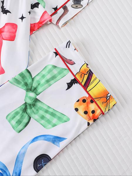 2 pieces of women's Halloween blue hair girl bow, black cat, mouse, bat, spider print, long sleeved pants, pajamas set, top pocket suitable for all seasons, comfortable, energetic, elegant and casual home wear