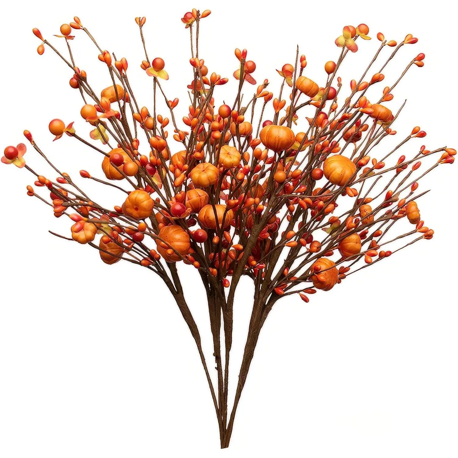 17in Silk Artificial Fall Berry Stems & Orange Pumpkin Fruit Picks - 2/4/6Pcs Floral Decor for Autumn Thanksgiving Home Table Centerpieces, Fireplaces, Gift-Giving