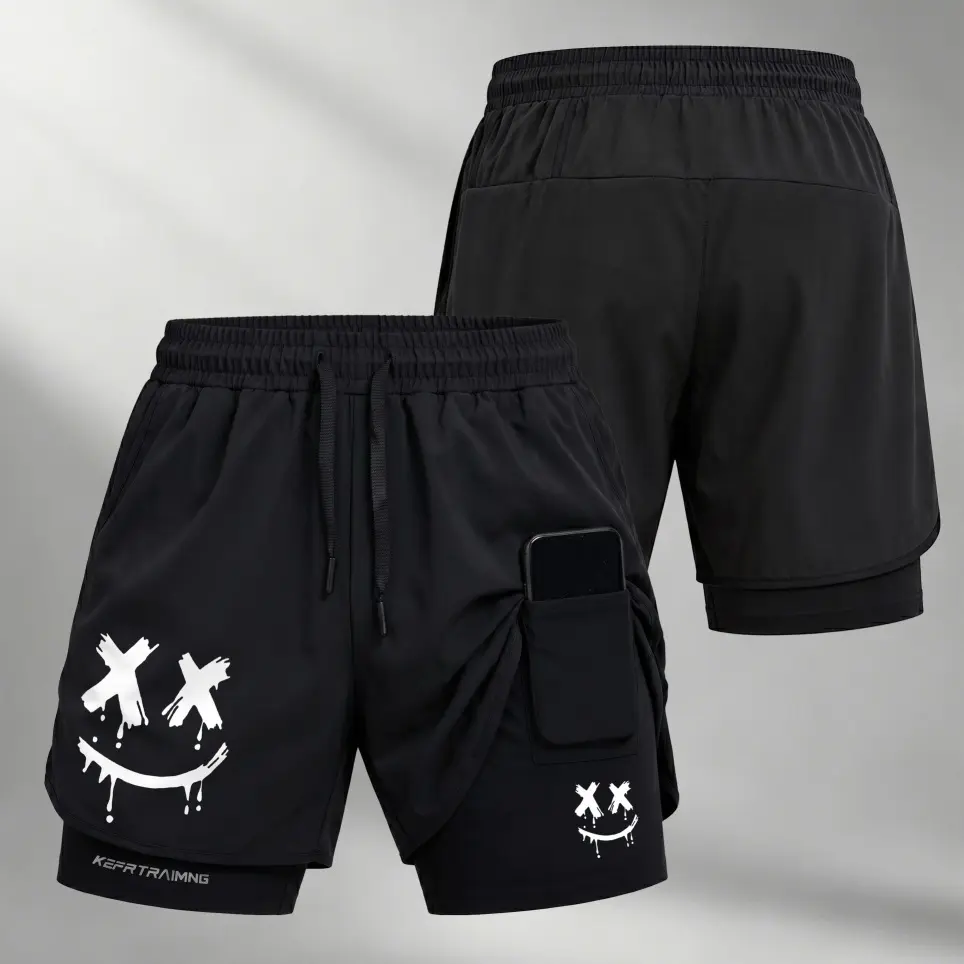 Men’s Happy Face Graphic 2-in-1 Workout Shorts, Compression Inner Liner with Phone Pocket, Adjustable Drawstring Waist, Quick-Dry Running Gym Shorts for Summer
