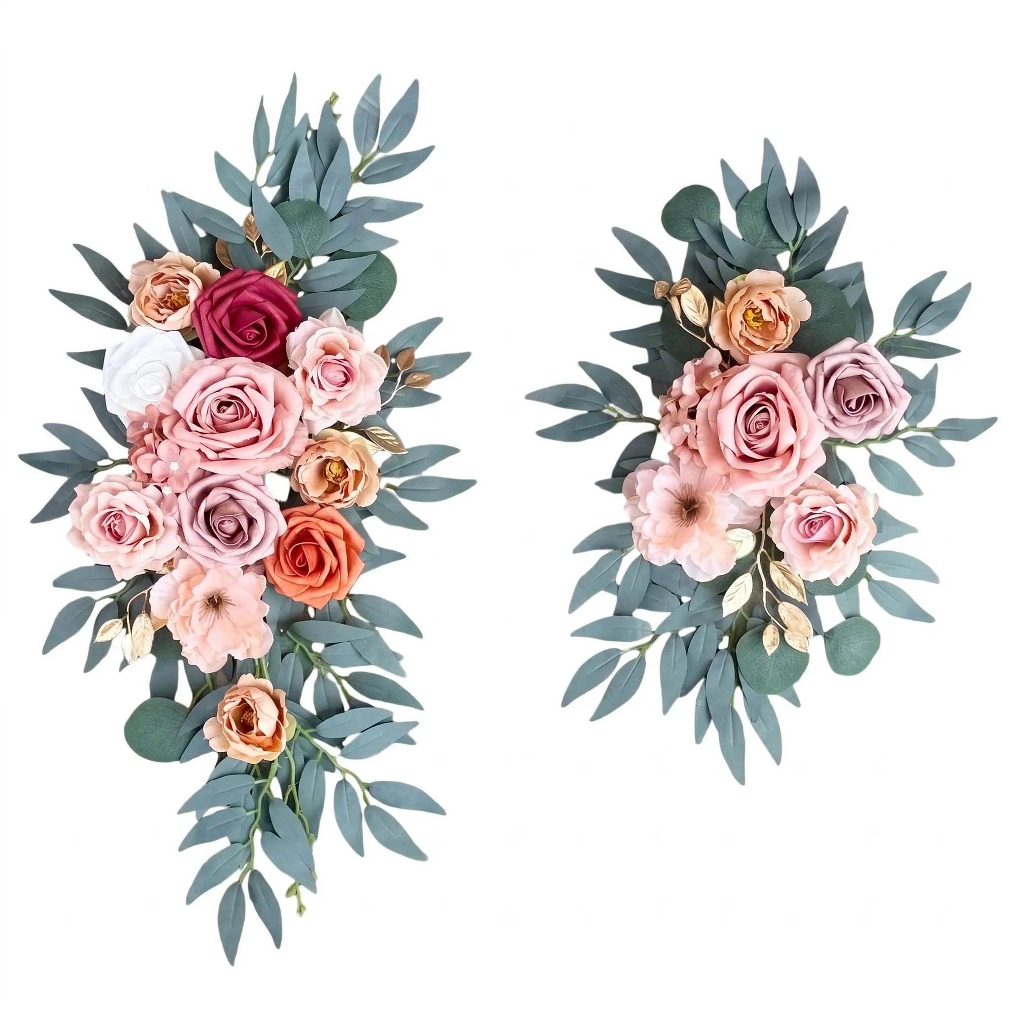 2 Pcs Dusty Pink Artificial Flower Rose Floral Swags, Hanging Fake Flower Decor with Faux Eucalyptus Leaves for Wedding Arch, Wall, Home & Party Decoration