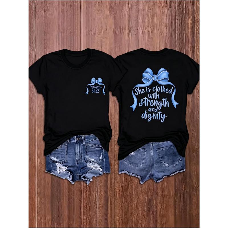 Women's Christian Crew Neck Short Sleeve Cotton Knit T-Shirt - Chic All-Seasons Basics Top, Strength & Dignity Alphabet Graphic, Double-Sided Print, Machine Washable Fabric Casual Tee for Valentine's Day